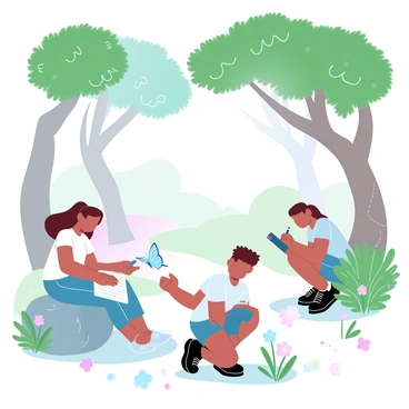 A group of children is scattered throughout a lush green forest, each engaged in sketching with pencils and notebooks. One child is sitting on a large rock, focusing intently on a delicate butterfly perched on a nearby flower. Another child is kneeling beside a bush, capturing the details of various leaves and small insects. In the background, tall trees with thick trunks and vibrant green foliage create a captivating canopy. Sunlight filters through the leaves, casting soft shadows on the ground. Colorful wildflowers dot the forest floor, adding splashes of color to the scene. A few birds can be seen perched on branches, completing the lively atmosphere of exploration.