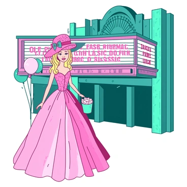 A pink Barbie doll is dressed in a sparkling vintage gown with sequins and a flowing skirt, standing in front of an ornate teal cinema marquee. The marquee displays the title of a classic film in bright neon lights. Behind Barbie, the cinema features intricate architectural details, including large columns and an art deco design. She is holding a small teal popcorn bucket in one hand and wearing a stylish pink hat adorned with a teal ribbon. The atmosphere is lively, with a few teal and pink balloons floating nearby, adding to the festive feel of the classic film screening.