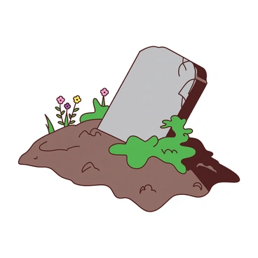 A gray gravestone is partially buried in the earth, with only the top portion visible above the soil. Surrounding the gravestone, patches of green grass are overgrown, and small wildflowers are blooming. The surface of the gravestone shows weathering, with cracks and moss growing on one side, indicating its age. The earth around it appears disturbed, showing signs of settling as the gravestone sinks further with time. The overall scene conveys a sense of natural reclamation by the earth.