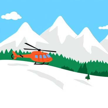 An "R66 helicopter" flying through a landscape of "snow-capped mountain peaks." The helicopter is positioned slightly to the left of the center, with its rotors spinning and a trail of snow being displaced below it. The mountain peaks in the background are "majestic and rugged," glistening white under the sunlight. The foreground shows a "shimmering expanse of white snow" with occasional patches of green pine trees peeking through. The sky above is a "bright blue" with a few fluffy white clouds.