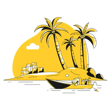 A small boat is approaching a remote tropical island. The boat is loaded with various supplies, including boxes and bags, secured with ropes. The island has several palm trees with long, slender trunks and large fronds swaying gently in the breeze. Along the shoreline, the water gently laps against the sand. In the background, the outline of more palm trees is visible, contributing to the island's natural beauty.