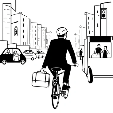 A business professional wearing a tailored suit and a helmet is riding a bike through a busy city street. The professional has a briefcase attached to the bike's carrier. Surrounding them are various vehicles, including cars and buses, with people visible inside, some looking out at the cyclist. There are pedestrians on the sidewalks, some waiting at crosswalks and others in motion. Tall buildings line the street, and there are traffic lights visible in the scene. The sky is filled with the early morning light, indicating the start of a bustling day.