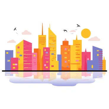 A colorful city skyline featuring tall buildings in various shades of orange, pink, and purple as the sun sets. The buildings have colorful lights that illuminate their windows. The water below reflects the vibrant hues of the skyline, creating a mirrored effect. Several birds are flying in the sky, silhouetted against the bright sunset colors.
