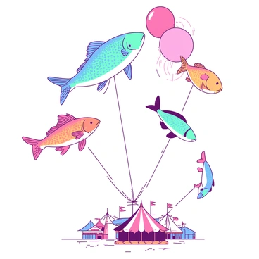 A vibrant scene depicts several fish swimming gracefully in the air, resembling colorful balloons at a fair. Each fish has unique patterns and colors, with some featuring bright scales in shades of blue and teal, while others display vivid hues of orange and pink. The fish glide effortlessly above an open space, with their fins gently fluttering as if caught in a light breeze. Below them, a subtle hint of a fairground can be seen, with faint outlines of attractions in the background. The fish create a whimsical atmosphere, floating freely with strings trailing behind, giving the illusion of being tethered like balloons.