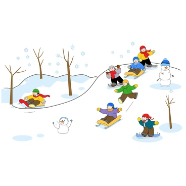A snowy landscape blanketed in soft, white snow. In the foreground, there are several simple, bare trees with a few branches dusted with snow. A group of children wearing colorful winter jackets, hats, and gloves are joyfully sledding down a gentle hill. Some children are sitting on sleds, while others are running back up the hill. Nearby, there are two cheerful snowmen, one with a bright red scarf and the other wearing a blue hat. Snowflakes are gently falling from the sky, adding to the wintry scene.