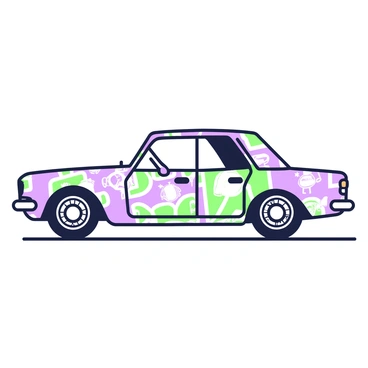 A car is parked on a street, showcasing a dynamic exterior adorned with "comic book characters" and "action scenes." The car's body presents a vibrant collage of illustrations, with characters prominently depicted in various poses and expressions. Each section of the car features "action sequences" that suggest movement and excitement. The wheels of the car are detailed and polished, and reflections of the surrounding environment can be seen on its surface. The windows are tinted, adding a sleek touch to the vehicle's overall appearance.