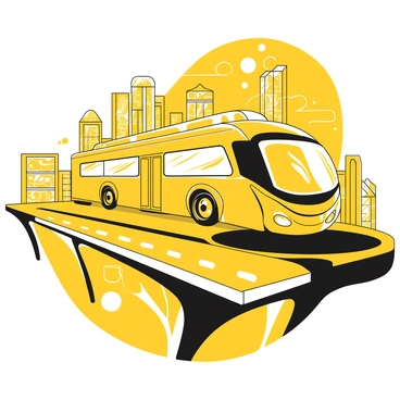 A futuristic double-decker bus with a streamlined, modern design, featuring large windows and smooth curves. The bus is moving along a high-tech road that has embedded lights and markings. The background includes sleek buildings with geometric shapes and advanced technology elements, highlighting a futuristic cityscape. The road is elevated, showcasing the bus's impressive height and the bustling urban environment below.