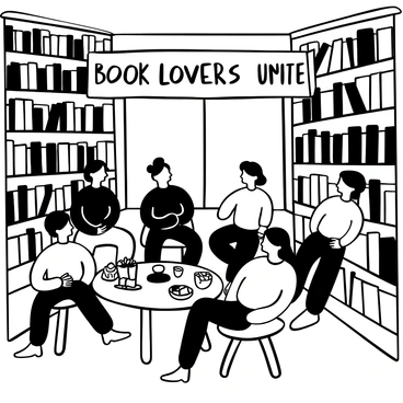 A cozy bookstore filled with tall shelves of books. A group of people is gathered in the center, laughing and mingling. Some individuals are holding cups of coffee, while others are browsing through the nearby shelves. A small round table is set up with snacks and drinks, surrounded by a few chairs. A banner with the words "Book Lovers Unite" hangs above the gathering, and soft light filters in through large windows, creating an inviting atmosphere.