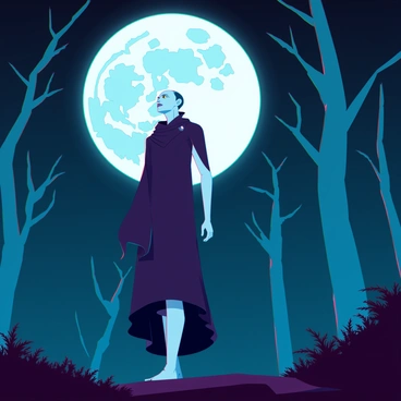 A tall, thin Nosferatu with elongated features and sharp fangs stands under a bright full moon. His pale skin glows in the moonlight, and his dark, tattered cloak billows slightly in the breeze. He gazes intently at the moon with piercing yellow eyes, revealing a sense of longing. In the background, a dense, shadowy forest looms, with twisted trees and thick underbrush, partially illuminated by the moonlight. The atmosphere is filled with an eerie stillness, highlighting the contrast between the figure and the surrounding wilderness.