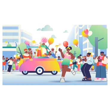 A festive parade is taking place on a bustling street. Colorful floats adorned with bright decorations are moving along the route, each showcasing unique themes. Joyful characters in elaborate costumes are dancing and waving to the crowd. Balloons in various shapes and colors are floating above the scene. Spectators line the sidewalks, smiling and capturing moments with their cameras. The atmosphere is filled with excitement and energy, creating a sense of celebration and community.