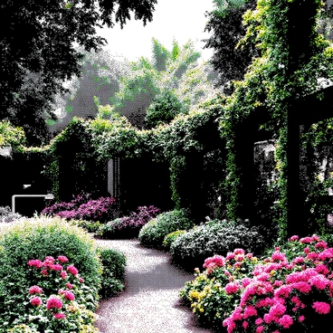 A lush botanical garden is filled with a variety of plants and flowers. There are tall, leafy trees providing shade. Colorful blossoms of different shapes and sizes are scattered throughout the scene. Ferns and tropical foliage add depth and texture to the composition. Vines climb up trellises and structures, intertwining with the greenery. The ground is covered with rich soil, and patches of flowering plants are visible, showcasing their intricate details. Small paths meander through the garden, inviting exploration.