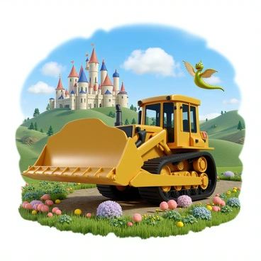 A yellow bulldozer with a large blade is prominently positioned in the foreground. It has a shiny surface and detailed mechanical components, showcasing its robust design. In the background, there are whimsical fairy tale creatures, including a small dragon with shimmering scales and a fairy with delicate wings, fluttering around. Towering over the scene are colorful, ornate castles with spires and turrets, embellished with flags. The landscape is filled with vibrant flowers and rolling hills, creating a rich environment that contrasts with the industrial bulldozer. The sky above is bright blue with fluffy white clouds, adding to the enchanting atmosphere.