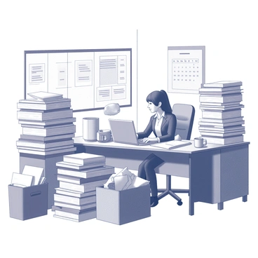 An office space filled with disorganized stacks of paperwork. Various folders and documents are piled high on the desk and surrounding surfaces. A worker is seated at the desk, with a focused expression, typing on a keyboard. The worker is dressed in professional attire, with a pen in hand. An overflowing wastebasket is positioned nearby, and a mug sits on the desk, partially obscured by paperwork. A wall-mounted calendar can be seen in the background, adding to the cluttered appearance of the room.