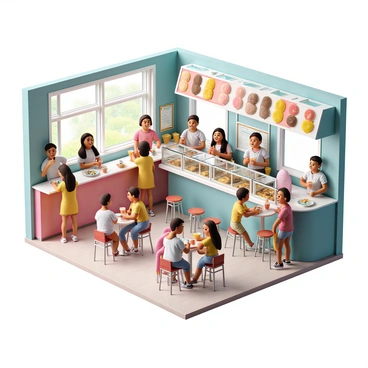 A vibrant ice cream parlor interior featuring a variety of colorful ice cream scoops displayed in glass cases. The scoops come in various flavors, including bright pink strawberry, deep brown chocolate, and soft mint green. There are cheerful customers of different ages enjoying their ice cream cones and cups. Some are sitting at small round tables while others are standing in line, all sharing smiles and laughter. The decor includes playful pastel-colored walls and whimsical ice cream-themed artwork on the walls. Natural light streams in through large windows, enhancing the inviting atmosphere of the parlor.