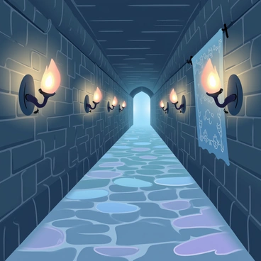 A dimly lit corridor in a castle is lined with old stone walls. Flickering candles are mounted on the walls, casting a warm glow that highlights the textured surfaces. Shadowy figures are subtly outlined in the flickering light, creating an air of mystery. The floor is made of uneven stones, and there are intricate tapestries hanging from the walls. The atmosphere feels ancient and slightly ominous.