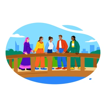 A diverse group of people of different ethnic backgrounds standing together on a bridge. Each individual is holding hands, showcasing unity and solidarity. The group includes a person wearing a traditional dress, another in casual clothing, and someone in sports attire. The bridge is made of sturdy wood with visible grain textures. The background features a clear blue sky and a city skyline in the distance, adding to the sense of community.
