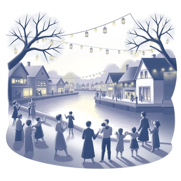 A village scene by a river during a festive celebration. The area is filled with various lanterns hanging from trees and buildings, illuminating the surroundings. People are gathered in groups, some clapping hands while others are dancing, creating an atmosphere of joy and excitement. A small, traditional band is playing music, with instruments visible including drums and flutes. In the background, the river reflects the soft glow of the lanterns, and the village buildings are adorned with festive decorations. A clear sky indicates a pleasant evening.