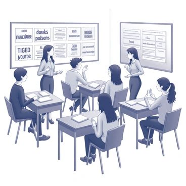 A classroom filled with students engaged in pairs, practicing a new language through conversation. Each pair is seated at small desks, actively discussing and exchanging ideas. The walls of the classroom are adorned with various "vocabulary posters" showcasing words and phrases in different fonts and styles. Some students are gesturing actively while speaking, while others are attentively listening. There are books and notebooks scattered across the desks, indicating a vibrant learning environment.