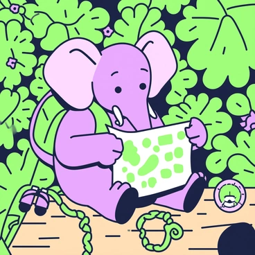 Babar, the elephant, is seated on a log in a dense jungle, studying a treasure map with a look of curiosity on his face. He has large ears and a gentle expression as he focuses on the map spread out in front of him. Surrounding him, there are various pieces of jungle gear, including a green backpack, a purple compass, a set of binoculars, and a sturdy green rope coiled neatly. The jungle is full of thick foliage, with large green leaves and a few purple flowers peeking through, creating a vibrant environment around Babar.