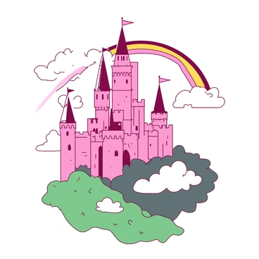 A pink fairy tale castle with tall, pointed towers is perched atop a green hill. The castle's stone walls are adorned with intricate designs and flags fluttering from the spires. Surrounding the castle are fluffy white clouds that give the scene a whimsical feel. A vibrant yellow rainbow arcs gracefully in the sky above the castle, connecting the hill with the clouds. The sun casts warm light over the entire scene, highlighting the enchanting details of the castle.