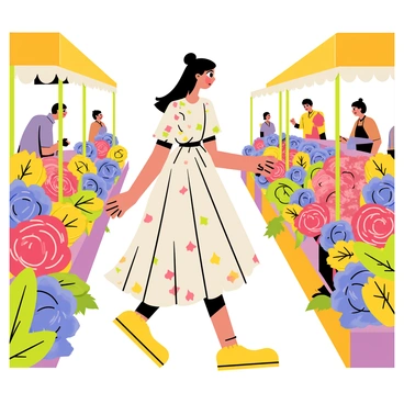 A person wearing a flowing flounce gown with vibrant patterns is browsing a colorful flower market. The gown features ruffles that sway gently as the person moves. Surrounding them are various flower stalls filled with an array of flowers in vivid colors, including red roses, yellow sunflowers, blue hydrangeas, and purple lavender. The market is buzzing with activity, with other shoppers and vendors engaging in conversation. Bright green leaves and colorful blooms create a lively atmosphere, adding to the overall charm of the scene.