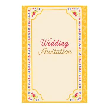 An ornate Hindu wedding invitation card featuring a rectangular shape with a rich gold background. The card is adorned with intricate floral and paisley patterns in bright colors such as deep red, royal blue, and emerald green. The central section of the card showcases the words "Wedding Invitation" in elegant, flowing script, framed by decorative borders embellished with small jewels and motifs of traditional symbols. The card is further embellished with decorative corners and a delicate lace-like design at the edges.