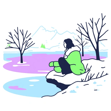 Jon Snow is seated cross-legged at the edge of a frozen lake, surrounded by snow-covered terrain. He is dressed in his signature dark clothing with a fur cloak draped over his shoulders. His long, dark hair falls slightly over his face as he gazes into the icy water, creating a reflective scene. The surface of the lake is covered with a thin layer of ice, and the surrounding landscape features barren trees dusted with snow. The atmosphere is calm and quiet, with a sense of stillness in the air.