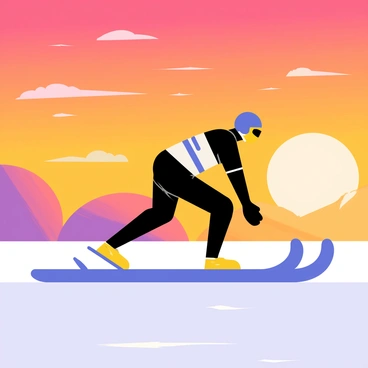 A luge athlete in a dynamic position, racing down a sleek luge sled. The athlete's figure is silhouetted against a vibrant sunset sky filled with shades of orange, pink, and purple. The sun is partially visible, casting warm light across the horizon. Wispy clouds are scattered throughout the sky, enhancing the colorful backdrop. The athlete's gear includes a helmet and a streamlined bodysuit, emphasizing speed and motion.