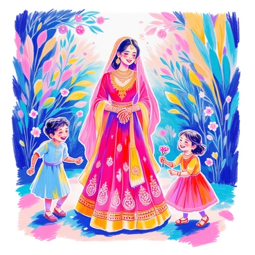 A modern Indian bride wearing a vibrant red and gold lehenga is standing in a garden. She has intricate henna designs on her hands and a beautiful dupatta draped over her head. Surrounding her are playful children dressed in traditional attire. A boy in a blue kurta is laughing while a girl in a colorful frock twirls around. Another child is holding a small flower bouquet. They are all smiling and enjoying the moment, creating a lively atmosphere. The background features lush greenery and decorative elements typical of Indian celebrations.