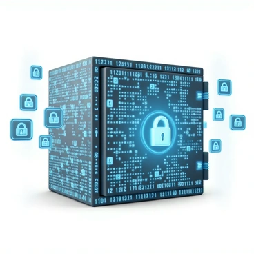 A large vault, constructed entirely from intricate digital code, with a glowing blue hue radiating from its surface. The vault features a complex pattern of binary numbers and cryptographic symbols seamlessly integrated into its design. Surrounding the vault, a series of floating holographic security interfaces display active security measures and encryption keys. The atmosphere is charged with a sense of high-tech security, emphasizing the vault’s protection against unauthorized access.