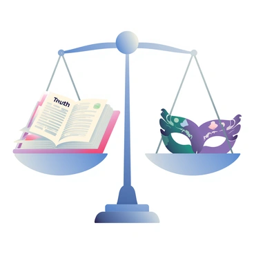 A scale is centered in the image, with one side holding an open book labeled "Truth" and the other side holding a mask labeled "Lies." The open book has pages slightly curved, displaying clear text on the pages with various symbols related to knowledge. The mask is ornate, featuring intricate designs and a subtle shine, representing deception. The scale itself is metallic, with a polished surface that reflects the surrounding elements. The background is softly blurred, allowing the scale with the book and mask to be the focal point of the composition.