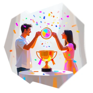 Two characters, a man and a woman, are standing together with bright smiles as they hold up a shiny, iridescent lucky charm between them. The man has dark hair and is wearing a casual shirt, while the woman has long brown hair and is dressed in a colorful dress. They are surrounded by vibrant confetti falling from above, adding to the celebratory atmosphere. In the background, a large trophy sits on a table, adorned with ribbons, suggesting a significant achievement they are overlooking. The characters are focused on the charm, sharing a moment of excitement and camaraderie.