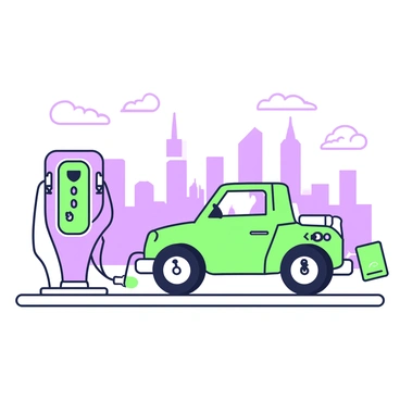 An electric vehicle is parked at a charging station, with a charging cable connected to it. The vehicle is sleek and modern in design, showcasing its electric capabilities. In the background, a city skyline rises, featuring tall buildings and structures. The station is equipped with visible charging ports and signage, indicating that it provides electric charging services. The overall setting is urban, with roads and sidewalks surrounding the area.