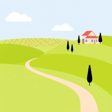 A scenic view of the Italian countryside featuring gentle rolling hills covered in lush green grass. In the distance, a vineyard is visible with neatly arranged rows of grapevines. A winding dirt path leads through the hills, and a few small cypress trees stand tall against the sky. The sky is bright blue with a few fluffy white clouds scattered throughout. A rustic farmhouse is nestled among the hills, adding to the serene landscape.