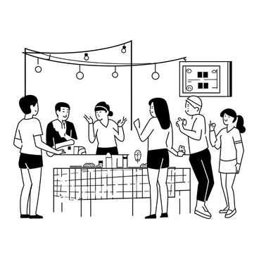 A group of patrons is gathered at an outdoor sports bar, enjoying a themed night. They are wearing retro sports attire, including brightly patterned jerseys and high-waisted shorts. Some have headbands and wristbands, adding to the nostalgic look. The bar has tables with checkered tablecloths and string lights hanging above. Several patrons are laughing and chatting, while others are focused on a sports game displayed on a large screen. A few drinks and plates of food are on the tables, completing the lively atmosphere.