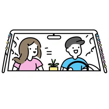 A car interior featuring two friends sitting in the front seats, both laughing joyfully. The driver is a young woman with long brown hair, wearing a casual t-shirt. The passenger is a young man with short black hair, wearing a cap. Colorful friendship bracelets are hanging from the rearview mirror, swaying gently. The dashboard is visible, showcasing a small potted plant and a few snacks. Sunlight streams through the windshield, illuminating the cheerful atmosphere inside the car.
