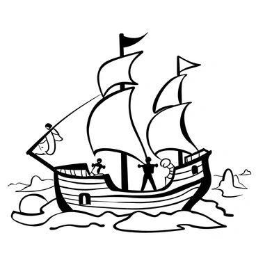 A ghostly ship with tattered sails billowing in the wind. Several translucent pirates are seen working together to raise the sails, their forms partially blending into the mist surrounding them. The ship's wooden planks are weathered, and the sea is choppy with waves crashing against the hull. Fog envelops the scene, adding to the eerie atmosphere. In the background, faint outlines of distant islands are visible on the horizon.