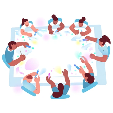 A group of children is gathered around a large sheet of paper spread out on a table. They are working together, each holding different colored markers and paints. Some children are drawing bright shapes and patterns, while others are painting colorful sections. The paper is filled with a variety of vibrant designs, showcasing their teamwork. Around them, art supplies like brushes, crayons, and additional paper are scattered, creating a lively and creative atmosphere.