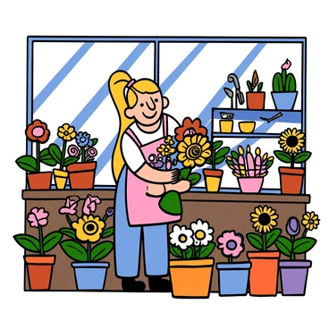 A young woman with light skin and long blonde hair styled in a high ponytail is arranging a colorful bouquet of flowers in her family's flower shop. She is wearing a pink apron over a white blouse and denim jeans. The shop is filled with various flowers in vibrant colors, including roses, daisies, and sunflowers, displayed in pots and vases. Sunlight is streaming through the shop's large window, illuminating her focused expression as she carefully selects flowers. In the background, there are shelves lined with gardening tools and more blooming plants, creating a lively atmosphere.