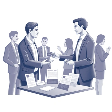 Two entrepreneurs are engaged in conversation at a professional event. One entrepreneur is wearing a business suit, while the other is dressed in smart casual attire. They are standing near a table that displays various business pamphlets and marketing materials. In the foreground, one entrepreneur is extending a hand with a business card, while the other is reaching out to accept it. Both individuals have focused expressions, and the background is filled with other attendees mingling and discussing among themselves.
