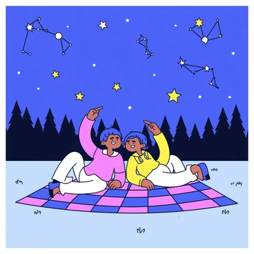 A couple is lying on a large checkered blanket in a grassy field. They are positioned closely together, looking up at the night sky. The sky is filled with numerous bright stars, forming recognizable constellations like "Orion" and "Ursa Major". The couple has a content expression on their faces as they point towards the stars, sharing their favorite constellations with each other. The field is surrounded by dark silhouettes of distant trees under the night sky.