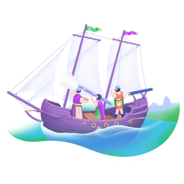 A sailing ship with billowing sails is depicted on a vibrant sea, reflecting shades of turquoise and deep blue. On the deck of the ship, a group of ancient explorers clad in period-appropriate attire, including tunics and cloaks, is actively engaged in navigation. One explorer holds a compass in his hand, while another gazes through a telescope towards the horizon. The ship is adorned with intricate carvings, and ropes are neatly coiled on the deck. In the background, a distant coastline can be seen, hinting at new lands waiting to be discovered.