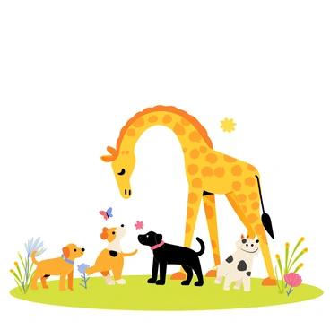 A tall giraffe with a long neck is bending down to interact with a group of playful, fluffy puppies. The puppies are of various breeds, including a golden retriever, a beagle, and a small poodle, all joyfully wagging their tails and jumping around. The scene is set in a bright, sunny garden filled with colorful flowers and green grass. A few butterflies flutter around, adding to the cheerful atmosphere. The giraffe has a friendly expression, and the puppies are playfully nudging its legs.