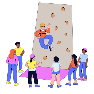 A climbing instructor is positioned on a vertical rock wall, showcasing climbing techniques. The instructor is dressed in a bright orange climbing harness and a helmet. Around the base of the wall, there are five students watching attentively. Each student is wearing colorful athletic gear and is standing with a focused expression. The rock wall is textured with various holds in shades of gray and brown, and the ground is covered with a safety mat in a vibrant color. The atmosphere conveys a sense of learning and engagement.