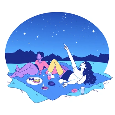 A group of friends is lying on a blue blanket spread out on the grass, gazing up at a bright night sky filled with stars. The friends are in various positions, some propped up on their elbows, while others lie flat on their backs. Each friend is wearing casual clothing, and they are surrounded by small snacks and drinks scattered around the blanket. The moonlight casts a gentle glow over the scene, highlighting the joyful expressions of the friends as they point out constellations to each other.