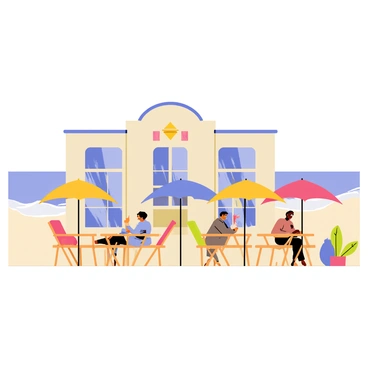 A charming beachfront cafe featuring a facade with Art Deco design elements, characterized by geometric shapes and bold lines. The cafe has large windows that allow light to flood the interior, showcasing cozy seating arrangements. Colorful umbrellas in shades of red, yellow, and blue are spread out over the outdoor patio, providing shade for the patrons sitting at wooden tables. In the background, gentle waves lap against the shore, completing the beachside atmosphere.