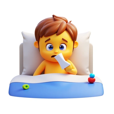 A young child sitting on a bed, holding a tissue in one hand. The child has tousled hair and wide, expressive eyes showing concern. The bedding is a soft light color with plush pillows. The room is softly lit, highlighting the child's worried expression. The tissue is crumpled and slightly stained. A few toys are scattered around the bed.