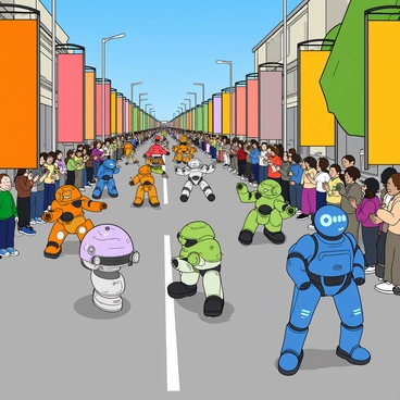 A colorful futuristic parade featuring a diverse array of robots moving along a bustling street. The robots vary in design, with some resembling sleek humanoid figures with metallic finishes, while others are compact and round, equipped with blinking lights and playful features. Large banners with bright colors are draped along the parade route, and excited spectators line the streets, some waving flags and others taking pictures with their smartphones. The sky is clear blue, enhancing the vibrant atmosphere of the event. Some robots are performing tricks, like spinning or dancing, while others are engaging with the enthusiastic crowd.