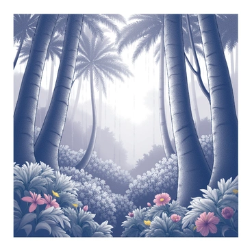 A dense tropical rainforest filled with towering trees, their trunks thick and textured. The canopy above is composed of a variety of leaves, creating intricate patterns as they filter light. Surrounding the trees are numerous vibrant flowers, some large and prominent, while others are smaller and delicately nestled among the foliage. Rain can be seen cascading down from the leaves, creating small droplets that gather on the forest floor. The atmosphere is rich with lush greenery, and the ground is covered with a thick layer of leaves and undergrowth.