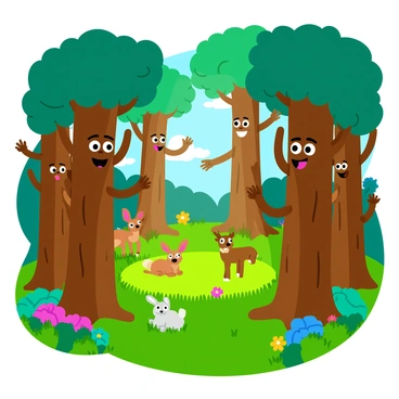 A collection of trees with expressive faces carved into their bark, each tree having long, branch-like arms that gesture animatedly. They are situated in a vibrant, magical forest filled with colorful foliage and glowing flowers. The trees surround a small clearing where a few woodland creatures, such as rabbits and deer, gather to listen intently. The ground is covered with soft, lush grass, and rays of sunlight filter through the leaves, creating a whimsical atmosphere. Each tree appears to be in mid-story, their facial expressions varying from joyful to contemplative.